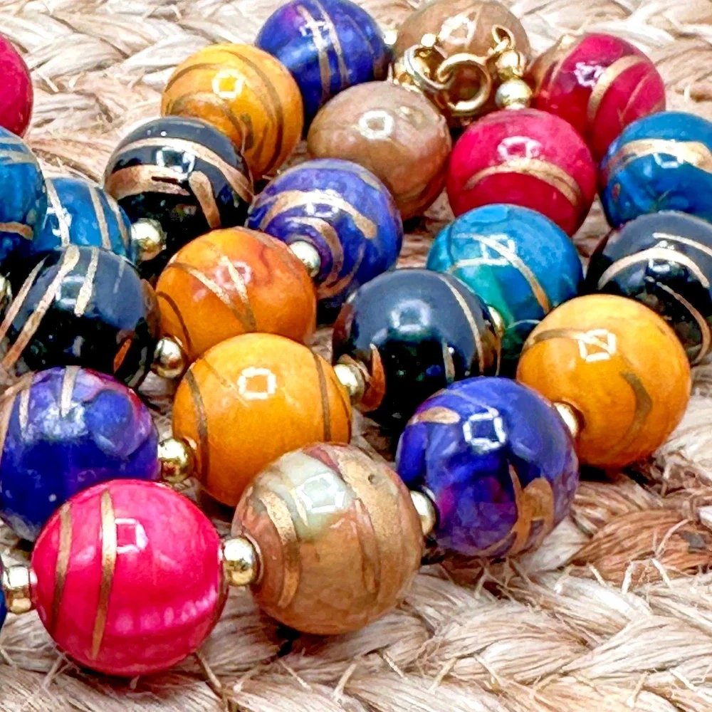 Vintage 80s 90s Multicolor Acrylic Beaded Necklace Magenta Teal Purple Retro 30" - Picture 5 of 6